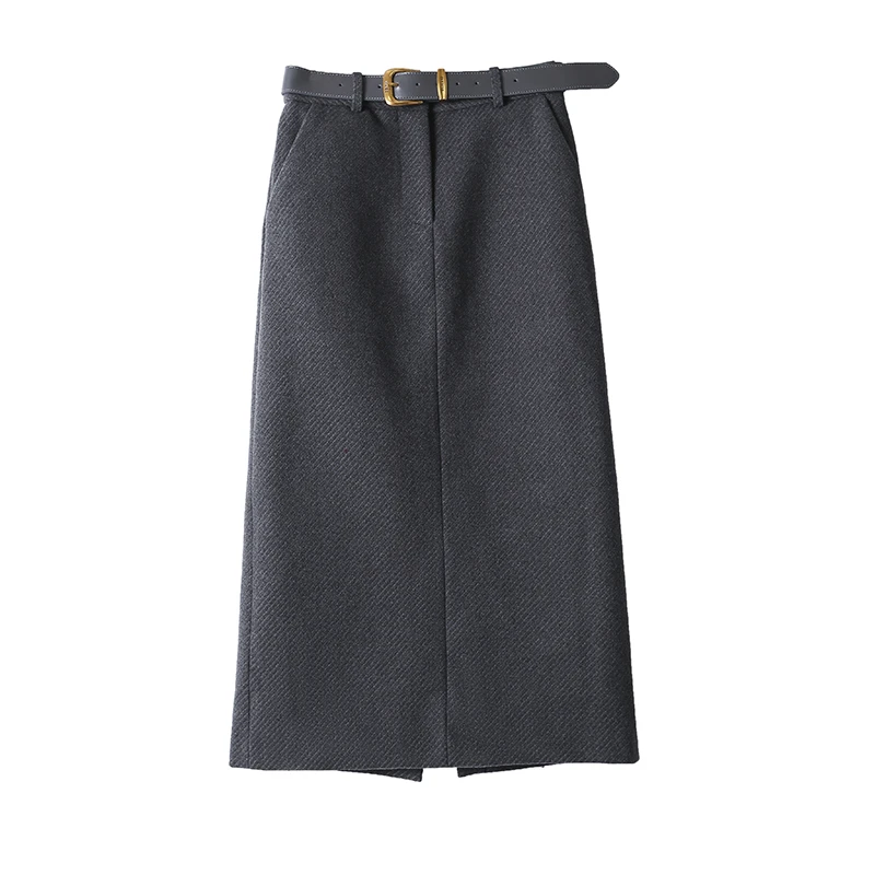 *51肌理感斜纹显瘦秋冬高腰A字百搭黑色灰色含羊毛半身裙16961