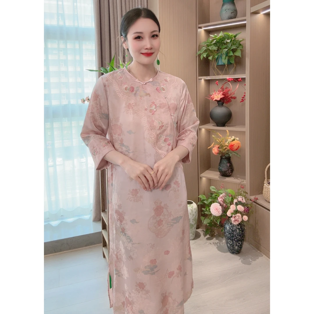 【花坞】2025新款夏季气质新中式国风裙子立领绣花女装七分袖连衣裙