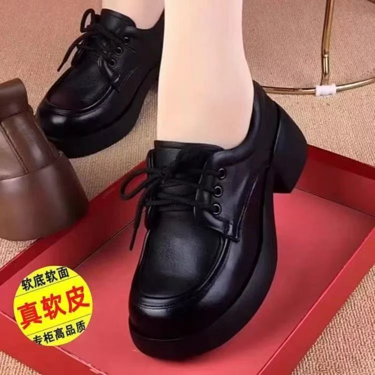 真软皮粗跟乐福鞋女春季新款英伦风小皮鞋百搭软底系带时尚女鞋