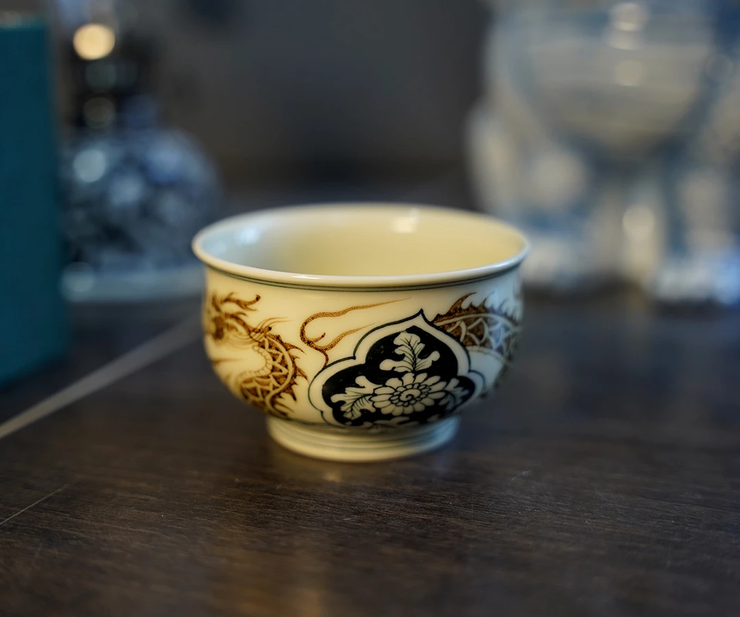 景德镇手工手绘穿花龙杯子盖碗壶承