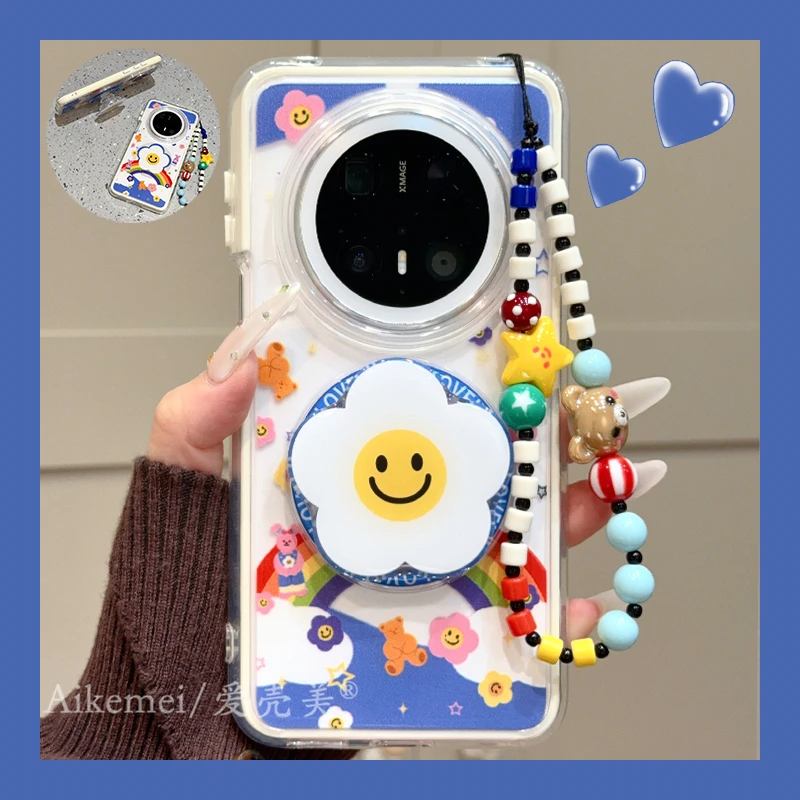 适用华为mate70pro+手机壳彩虹小熊兔子mate60pro+太阳花磁吸支架