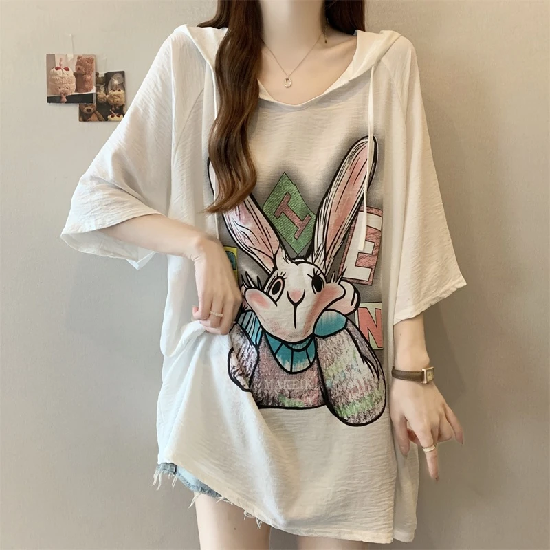 加大码女装中长款印花连帽短袖t恤夏季新款胖mm遮肉显瘦宽松上衣