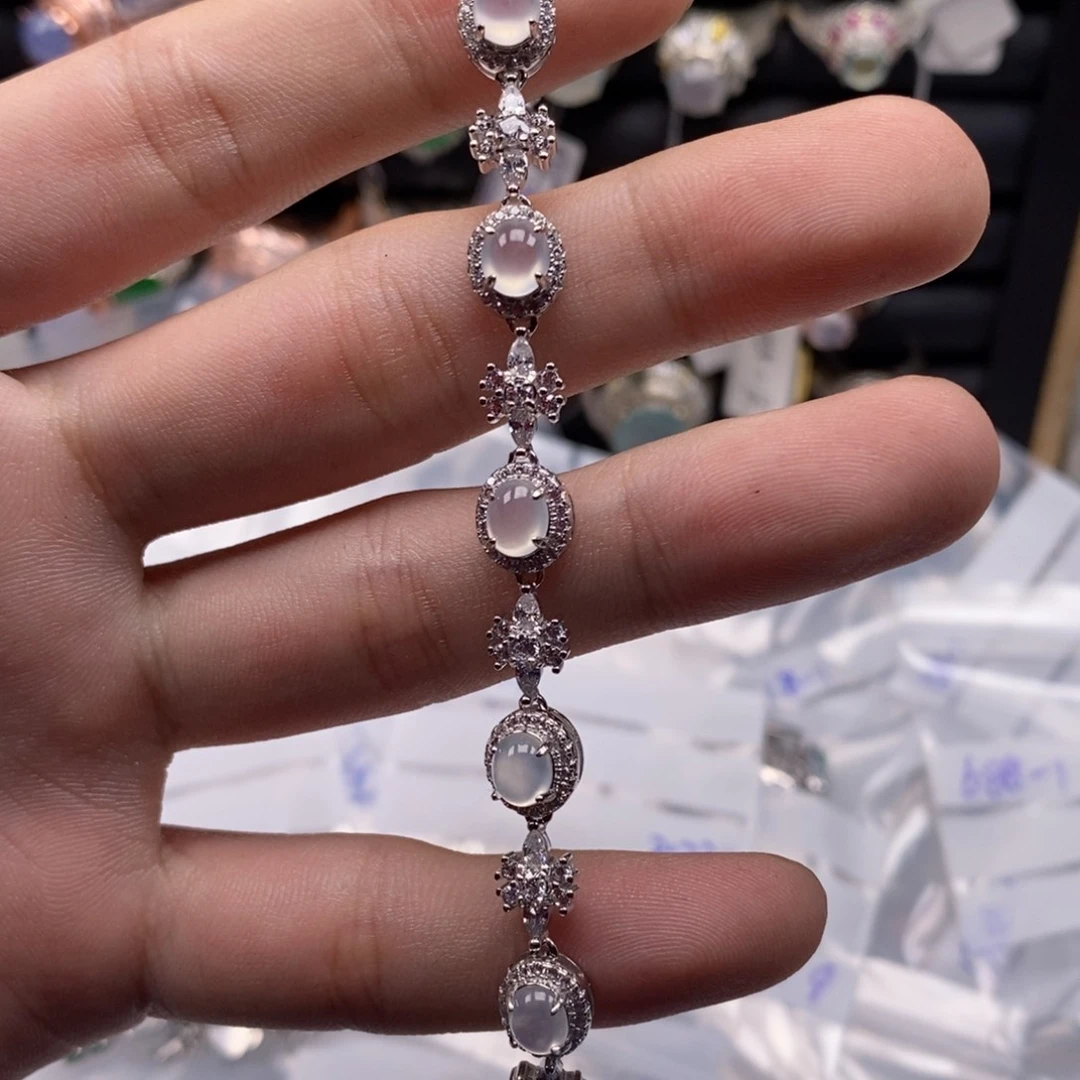 翡翠手链银S925镶嵌金***天然缅甸翡翠a货
