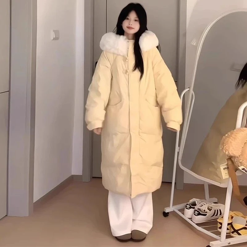 公主袖2025新款秋冬季韩版小众连帽设计感中长款过膝大毛领棉服外