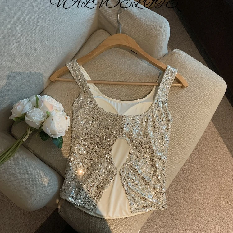 亮片露背吊带背心女夏外穿镂空美背带胸垫气质设计感内搭无袖上衣