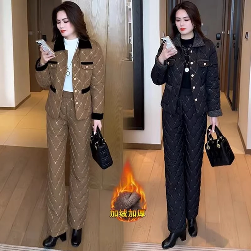 时尚加绒加厚棉服套装女今年冬季新款洋气棉衣外套棉裤保暖两件套