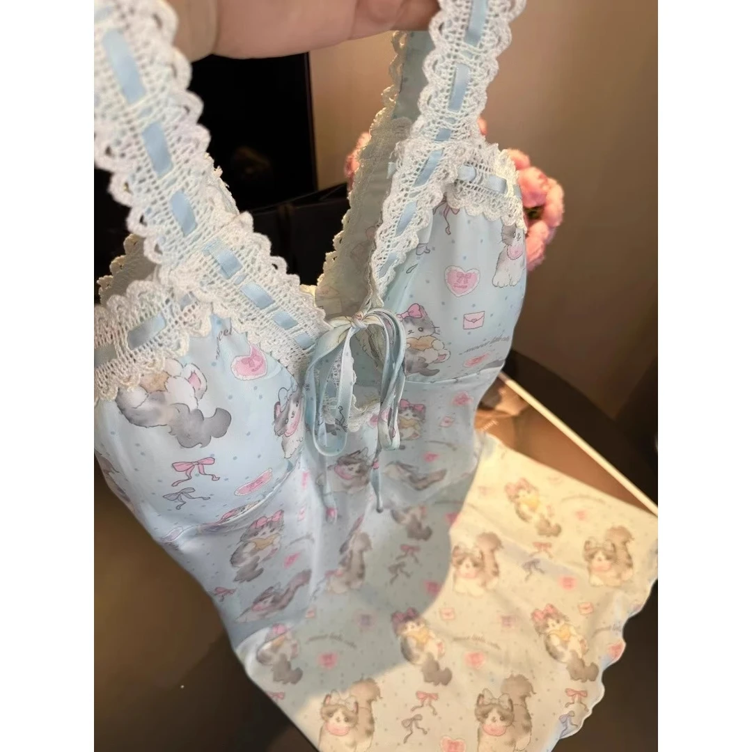 【小猫咪印花】少女纯欲蕾丝花边吊带睡衣女夏季新款性感睡裙家居服