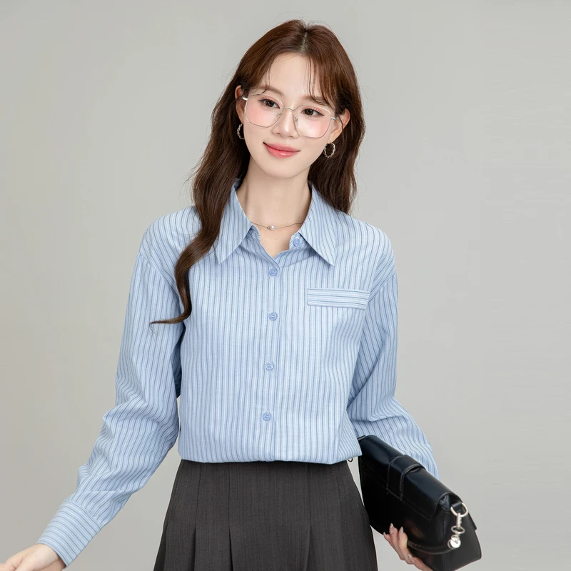 法式蓝色条纹衬衫女秋季2025新款高级感港风休闲通勤职业宽松上衣