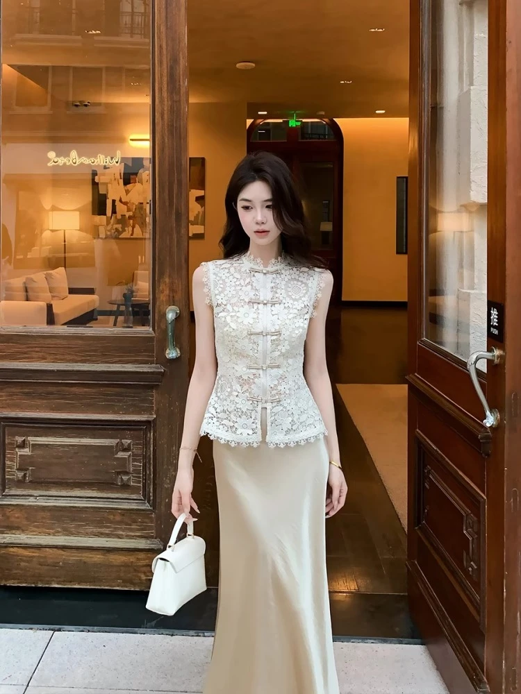 LAMEIXS 蕾丝镂空刺绣上衣含吊带高级感缎面包臀夏季半身裙套装女