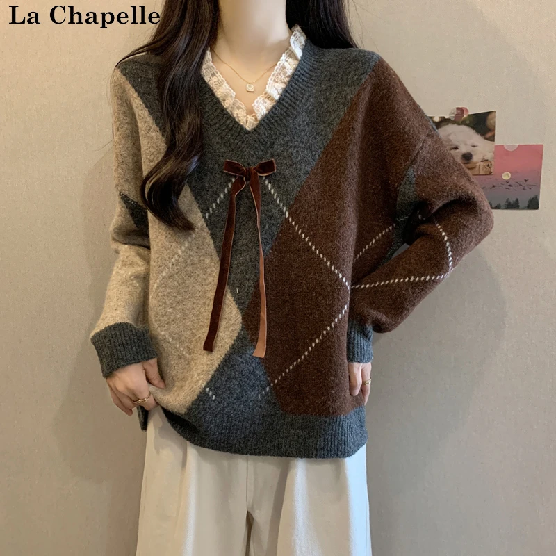 拉夏贝尔酒红菱格毛衣女秋冬大码胖mm蕾丝V领针织衫圣诞复古上衣