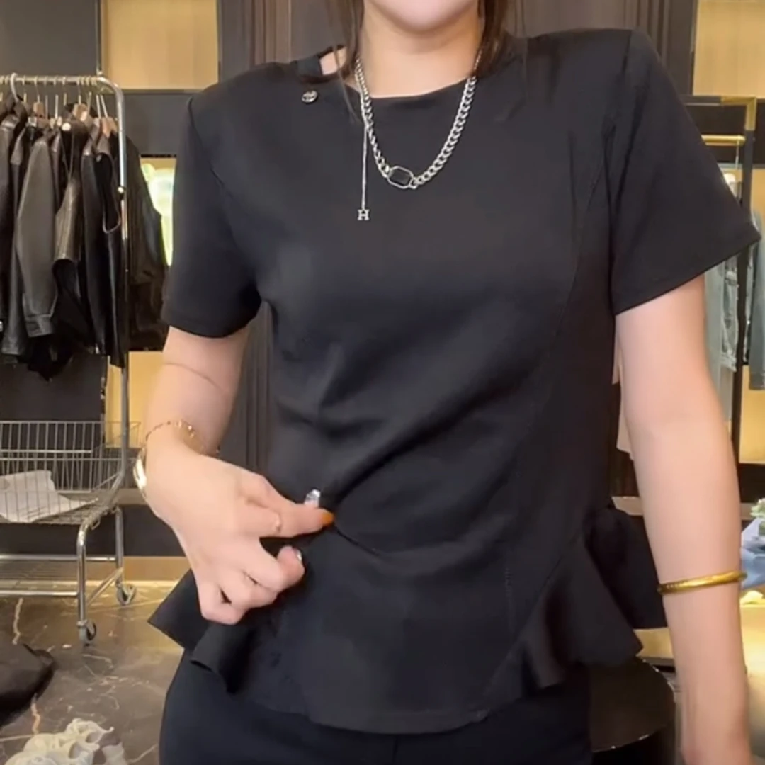 新款欧货不规则荷叶边短袖T恤女修身显瘦上衣