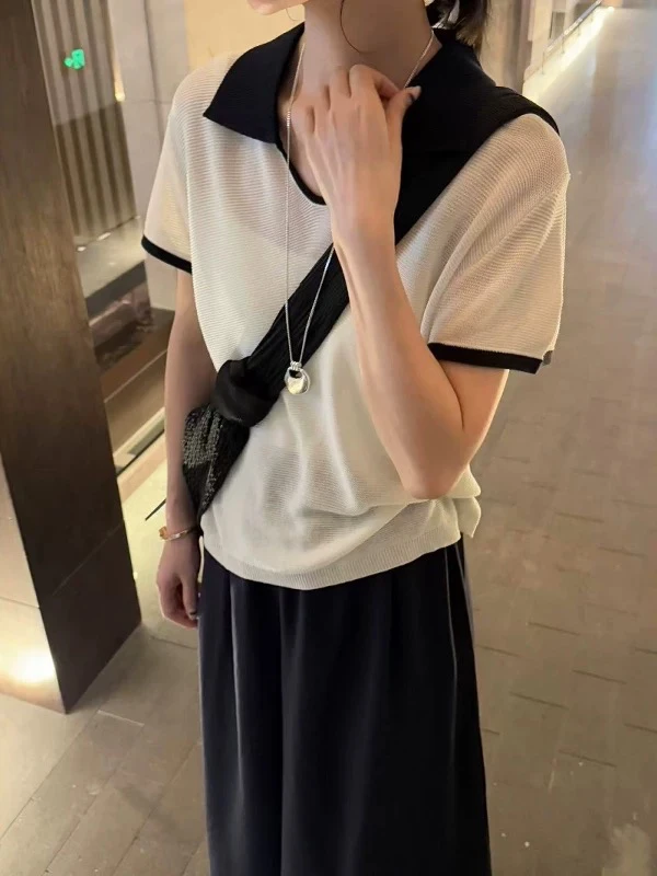 纯拼色时尚杂志风高腰拼色短袖方领减龄宽松毛针织衫上衣夏季短款