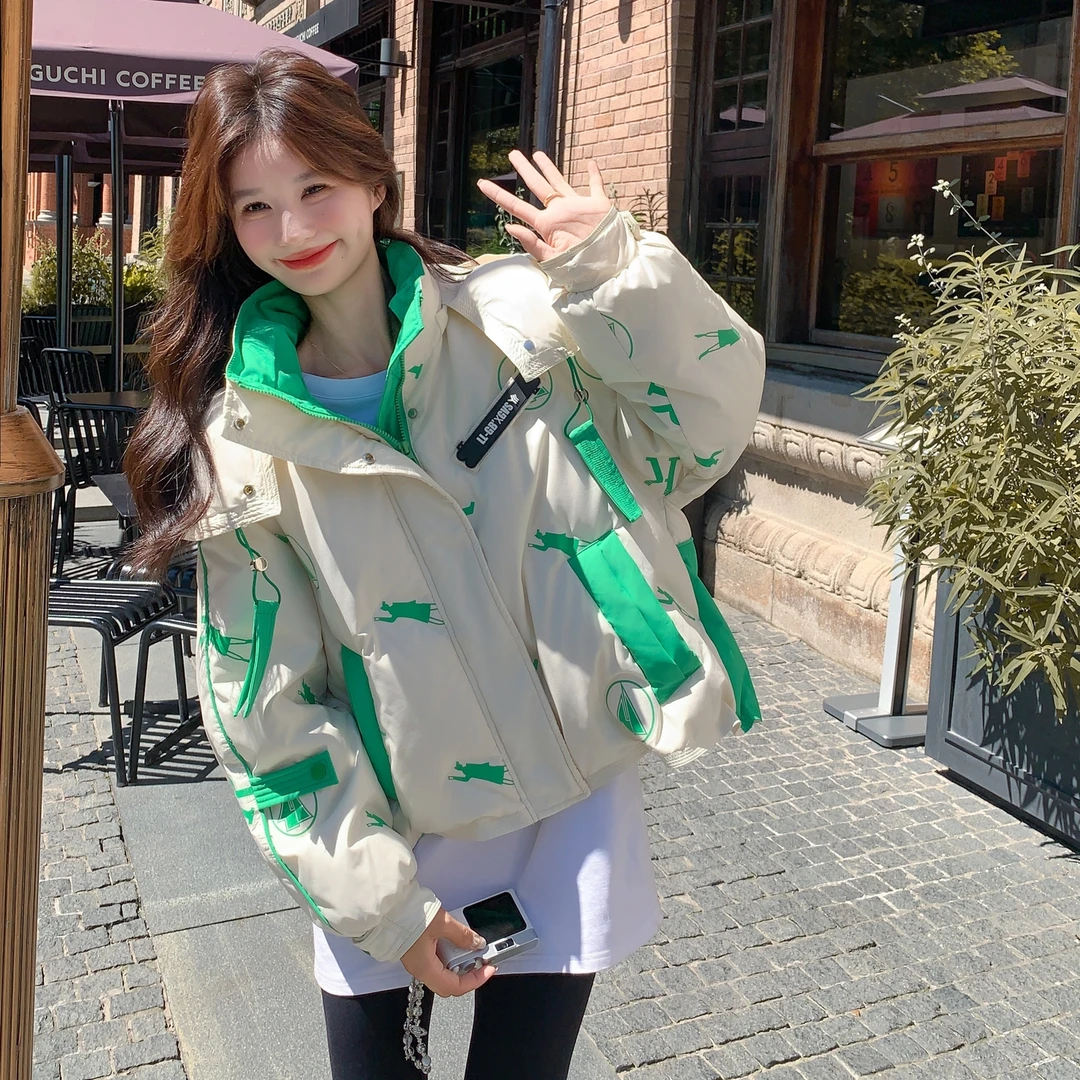 设计感独特洋气撞色印花羽绒服女2025冬季新款小个子白鸭绒厚外套