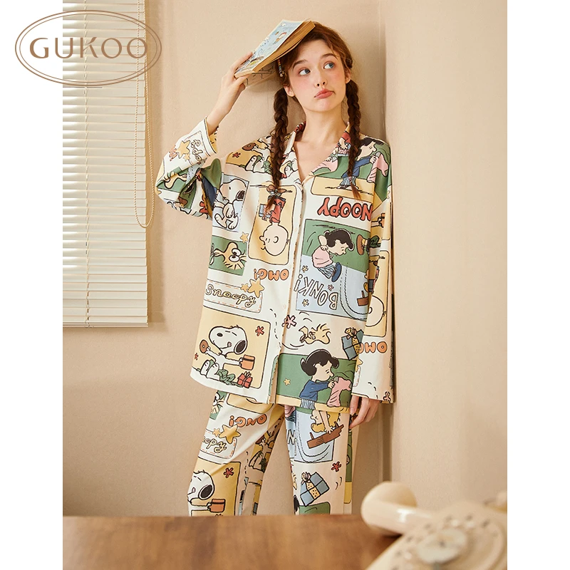 Gukoo/果壳春秋史努比漫画格满印可爱卡通情侣翻领家居服睡衣套装
