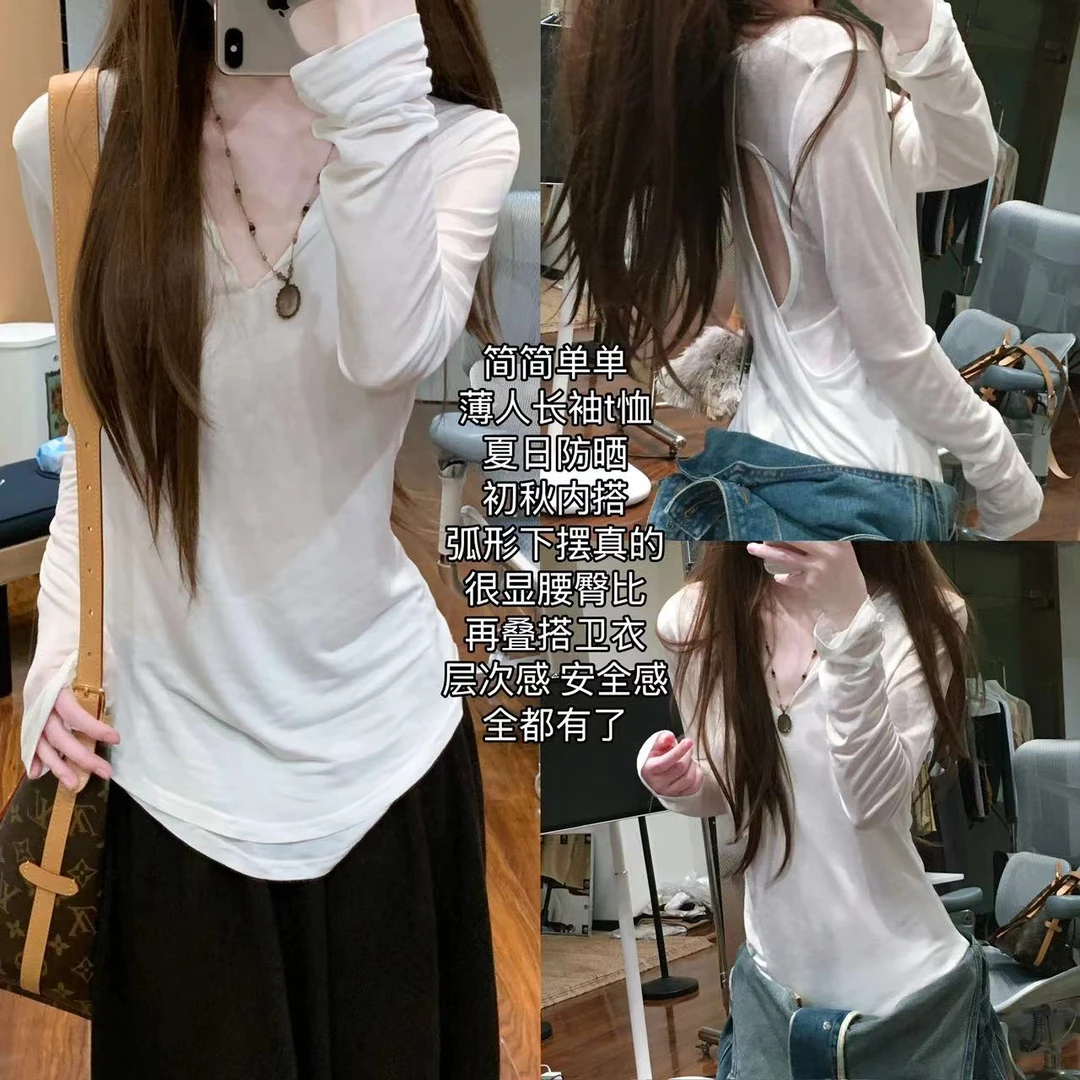 【薄薄的人】下摆弧形前片双层微露背t恤长袖防晒初秋76518