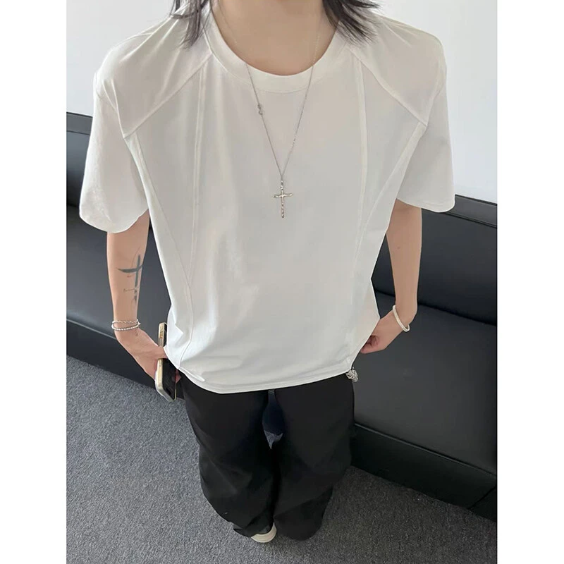 白色解构拼接速干冰感短袖t恤男夏季日系复古潮牌痞帅宽松五分袖