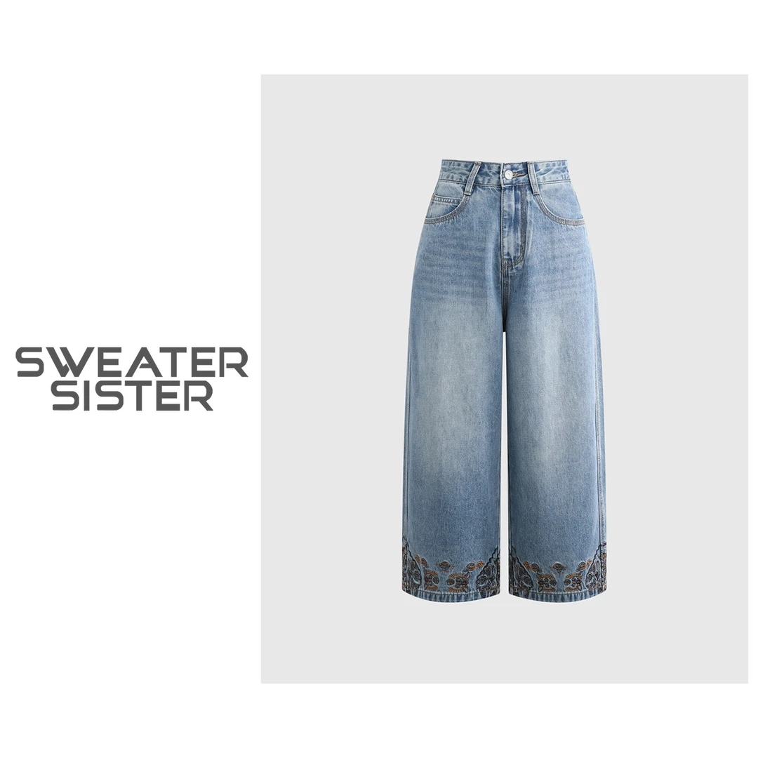 重工刺绣九分裤牛仔裤复古直筒裤休闲裤女5219-25215