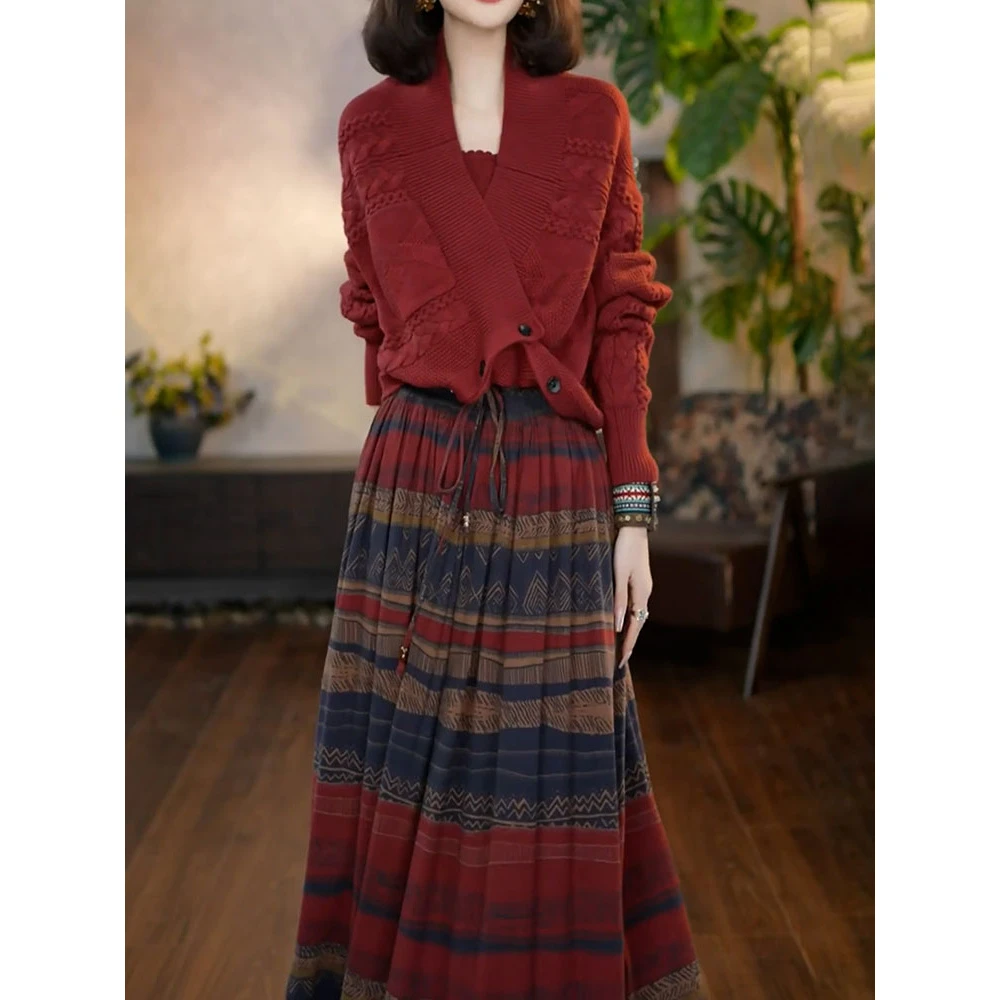 时尚洋气百搭裙套装2025秋季新款纯色麻花纹针织开衫+印花半身裙