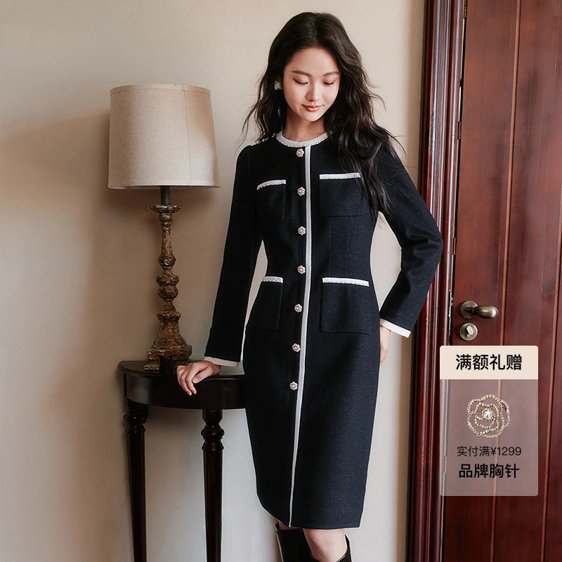 珂莱蒂尔2025年商场同款香风优雅羊毛裙修身显瘦连衣裙KF11375W0
