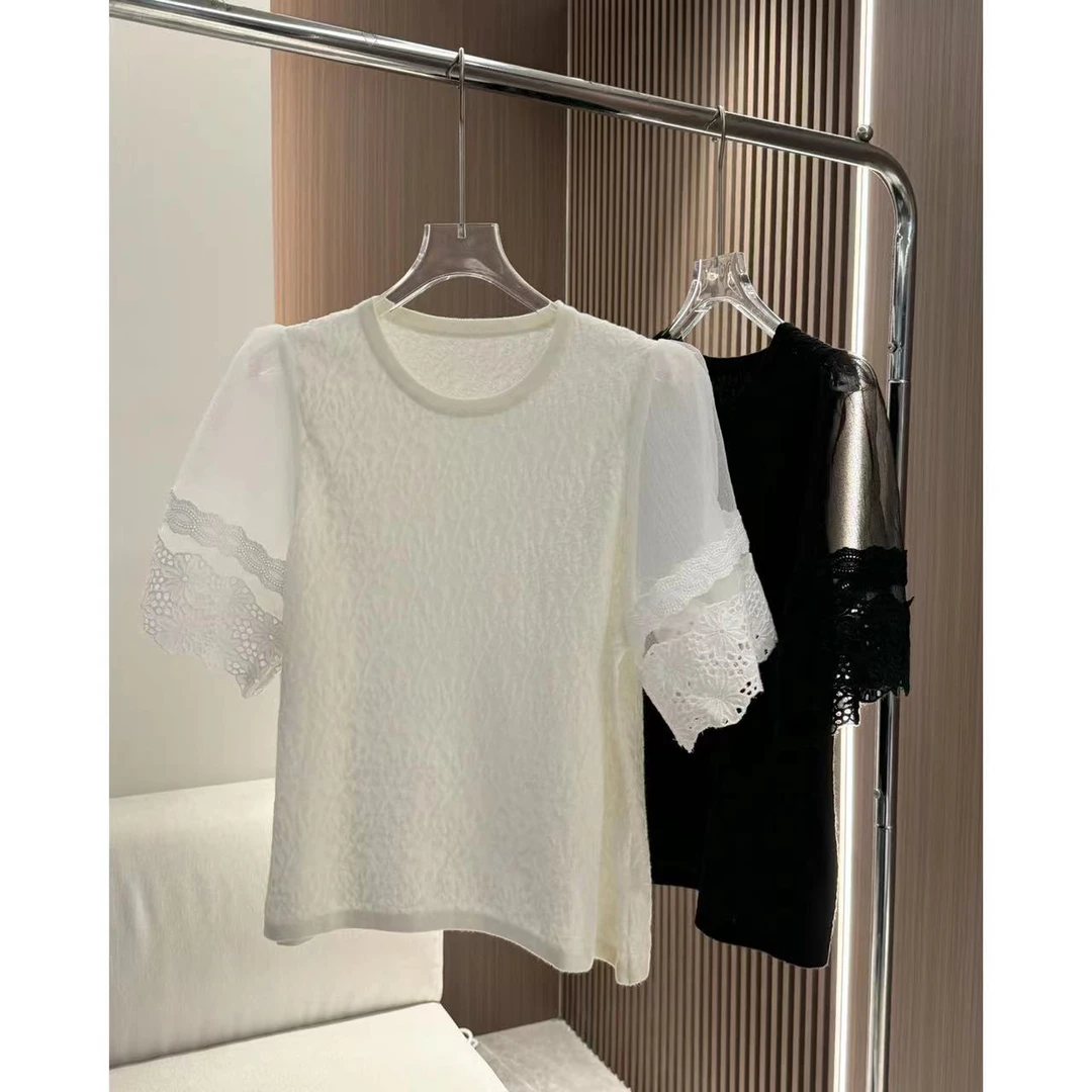 玳妮【萍萍推荐】秋季新款蕾丝拼接短袖针织小衫