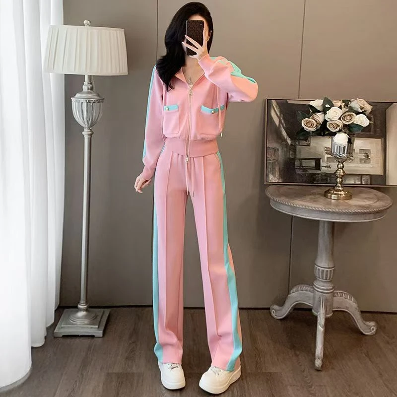 S002休闲运动套装女2025春新款粉色减龄连帽上衣撞色直筒裤两件套