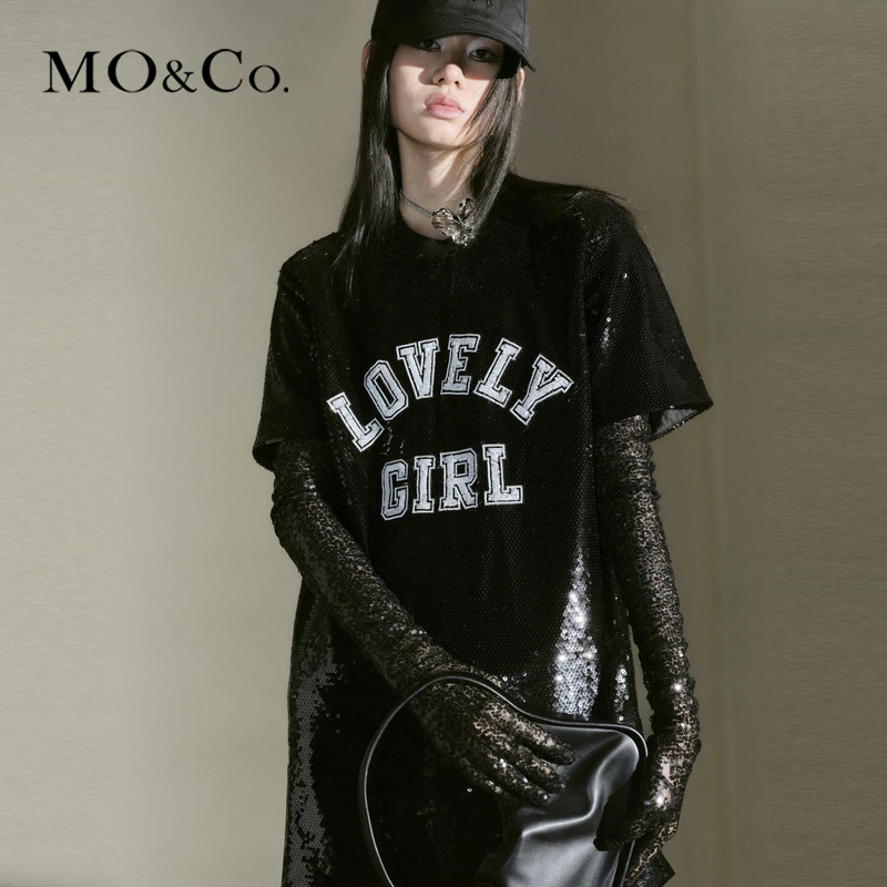 【千颂妮专享】MOCO秋顺向珠绣美式标语T恤裙连衣裙MBC3DRS044