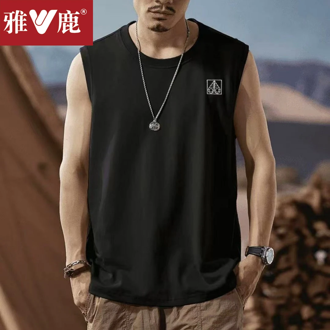 雅鹿纯棉无袖运动纯色背心男士夏季宽松潮牌健身坎肩篮球T恤马甲
