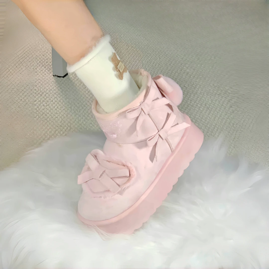 绒绒心结  星野akari厚底雪地靴蝴蝶结加绒女棉鞋