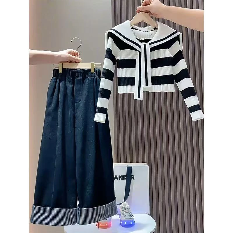 女童秋装套装新款春秋季韩版时髦中大童毛衣牛仔裤炸街两件套