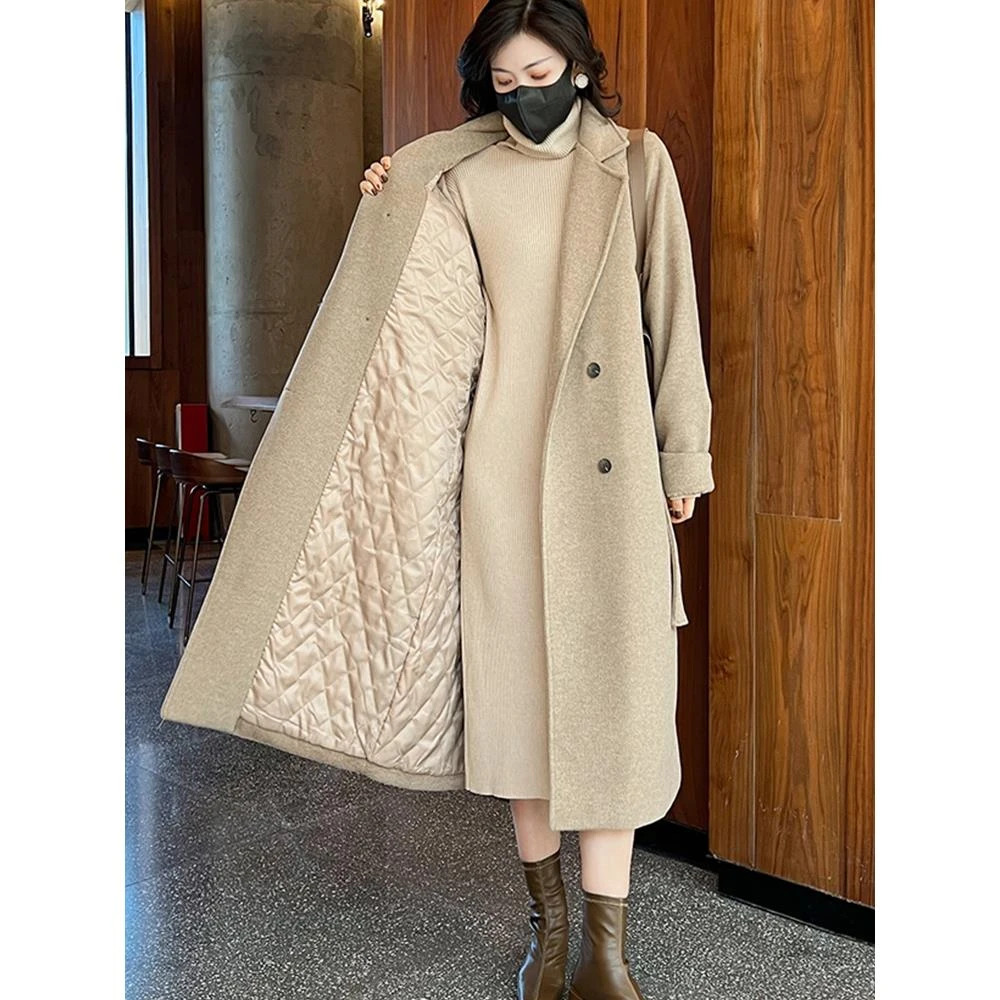 加厚白鸭绒呢子大衣女2025年新款冬装宽松加绒内胆毛呢外套中长款