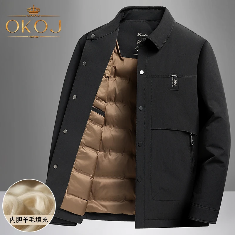 OKOJ商务休闲棉服外套男防风保暖加厚秋冬季新款翻领夹棉夹克衣
