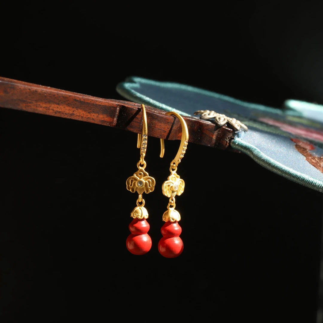 含辰砂工艺品M 天然朱砂【福禄】镶嵌款朱砂红砂耳坠高含量女生耳饰