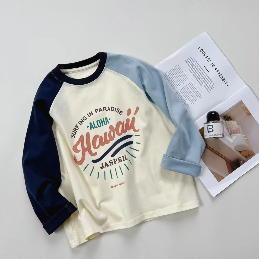 柳柳定制  2025春季新款撞色插肩袖字母T恤   880203