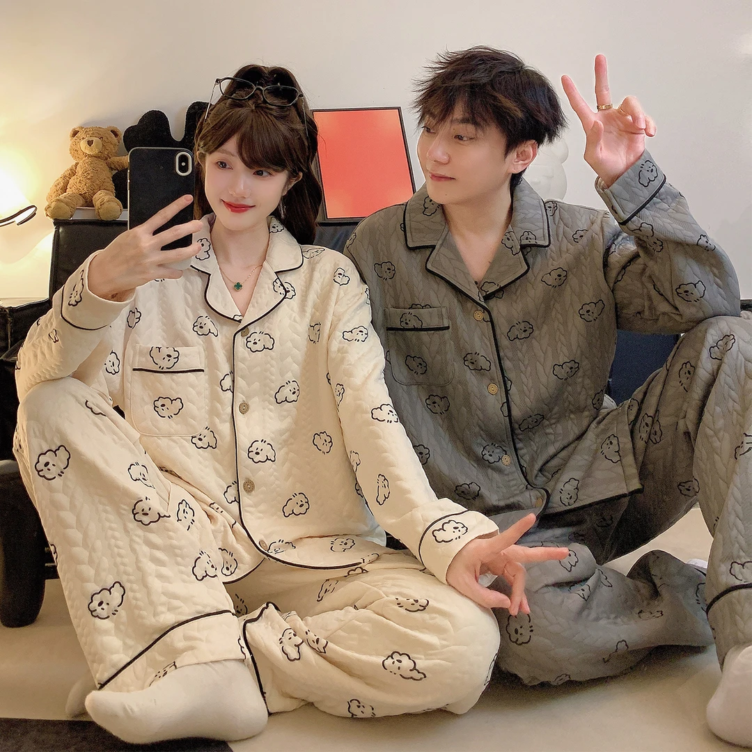 睡衣女秋冬季保暖夹层2025新款可外穿男士可爱云朵狗套装家居服