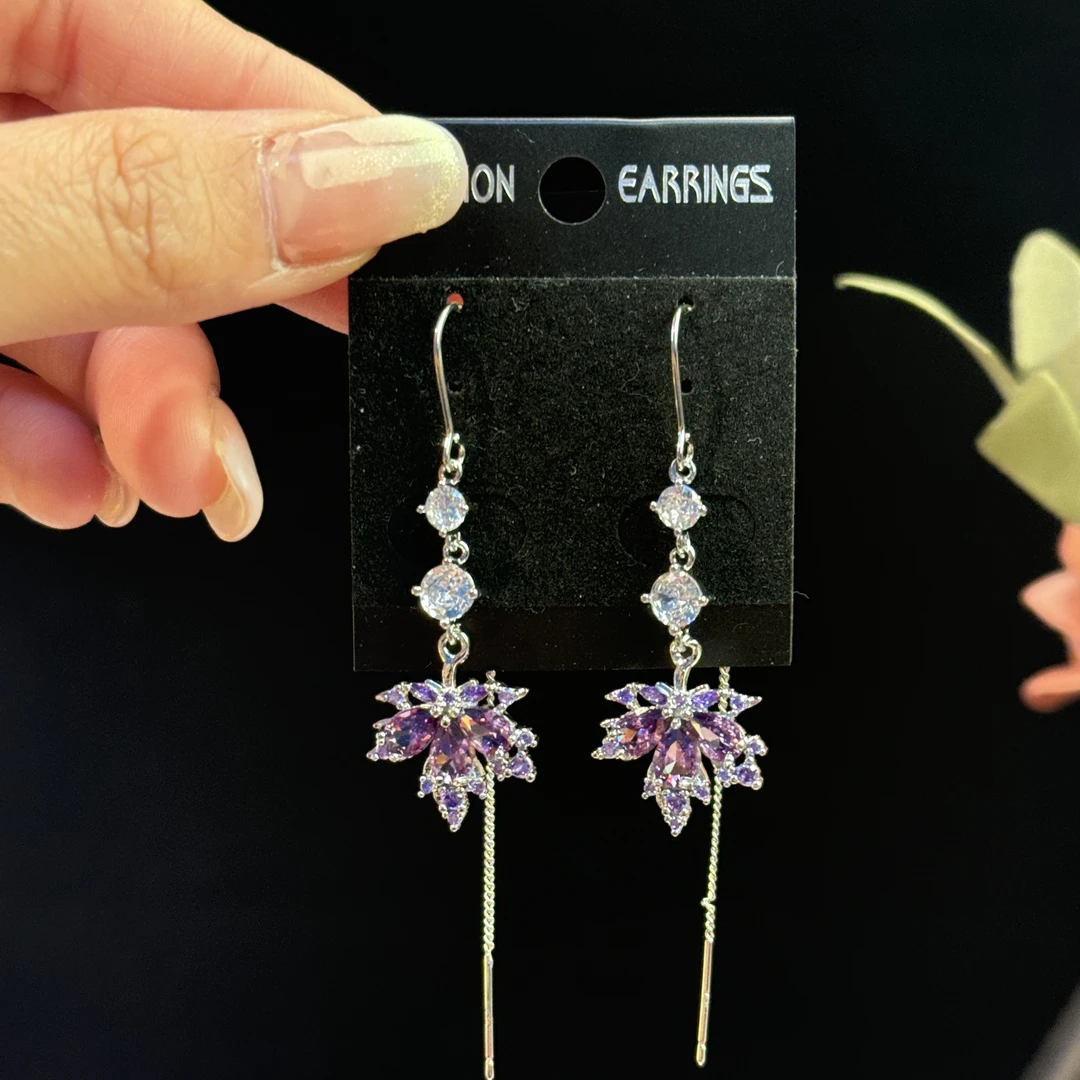 铜合金耳饰 紫枫】超闪紫色锆石枫叶长款流苏耳环精致轻奢小众耳线