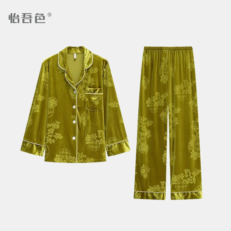 怡吾色怡吾色女睡衣秋冬加厚丝绒轻奢提花国风家居服套装可外穿