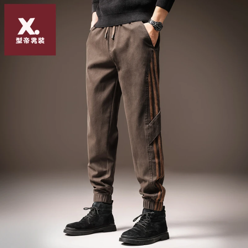 高端美式复古条纹工装裤男士束脚宽松阔腿秋季新款锥形休闲裤子男