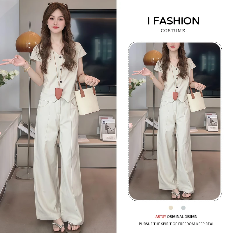 小个子时尚套装女2025年夏季新款洋气减龄短袖上衣阔腿裤两件套潮