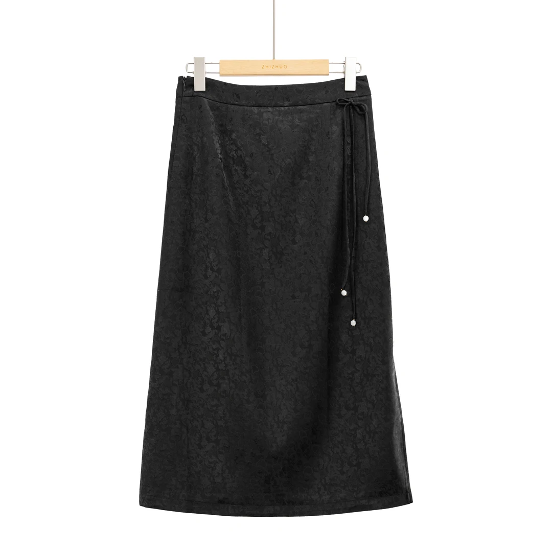 长乐诗词新中式精致提花修身显瘦高级感黑色半裙