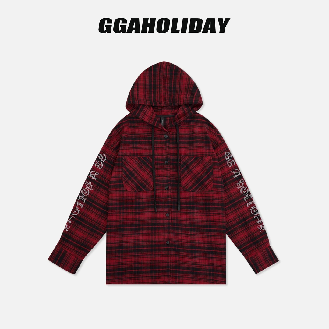 GGAHOLIDAY秋冬复古时尚休闲经典格子连帽宽松长袖外套-154111