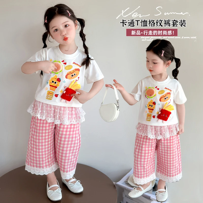 女小童夏季新款卡通T桖汉堡薯条格纹裤休闲两件套