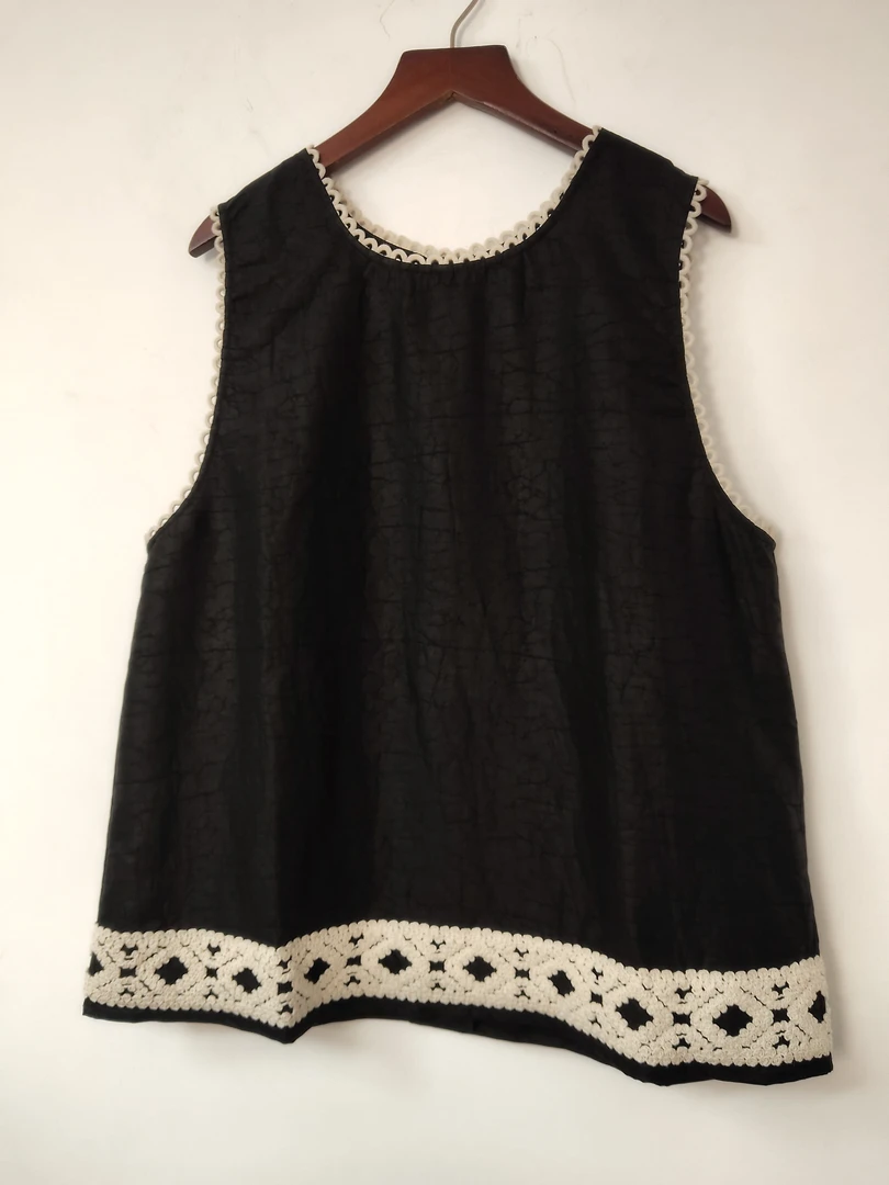 桑蚕丝3729简单领子带花边时尚休闲马甲马夹圆领无袖黑色女款