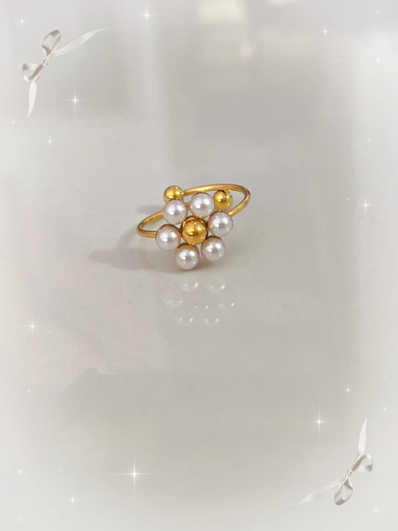 钛钢仿珍珠戒指 4138钛钢高级感贝珠有米花开口戒指