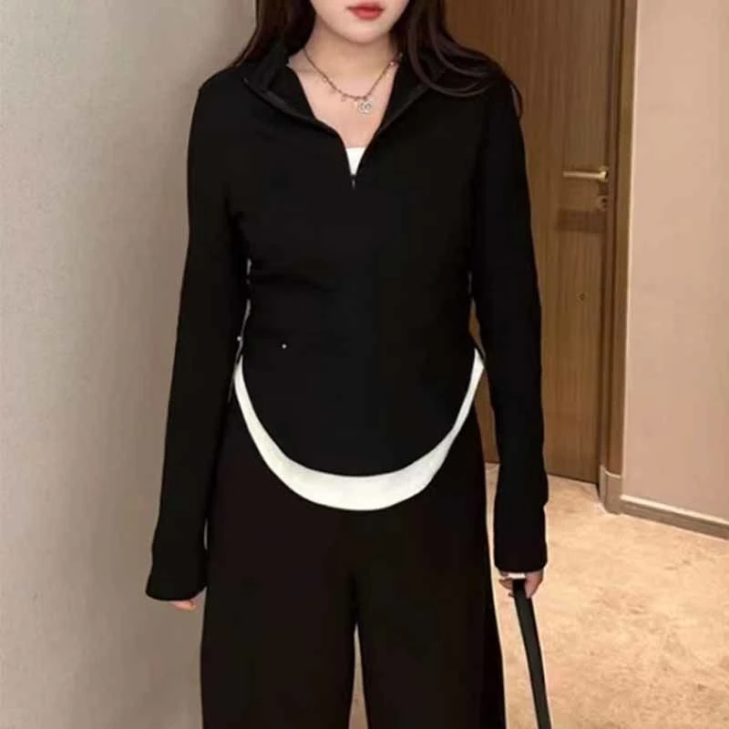 大码胖mm200斤韩版黑色半拉链假两件上衣女秋冬季遮肉休闲长袖t恤