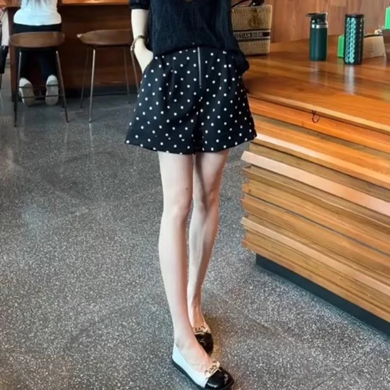 2025夏季新款韩版时尚百搭休闲设计感高腰显瘦波点阔腿短裤女