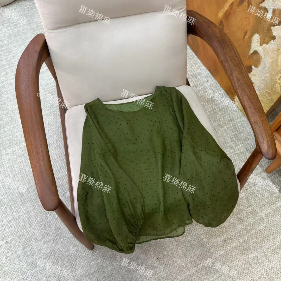 喜樂   2025 42支苎麻波点衬衫夏季新款时尚百搭休闲拼色女士上衣
