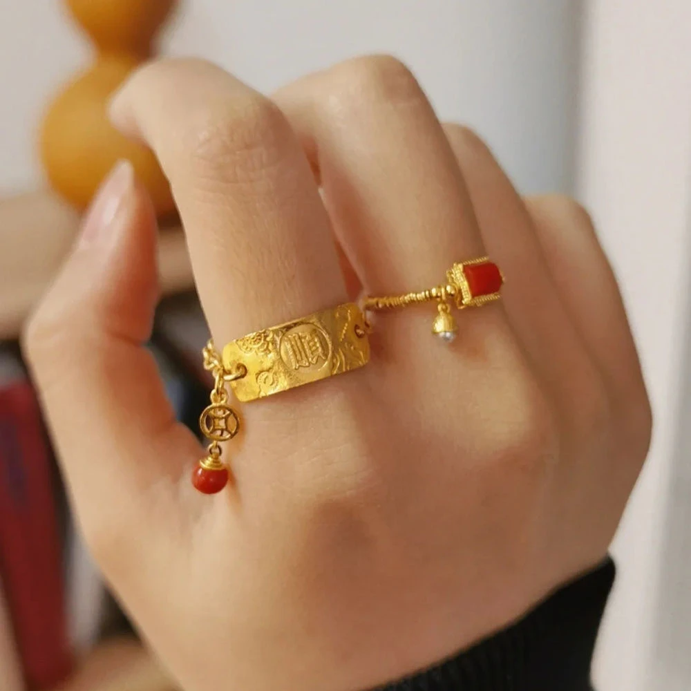 铜合金戒指 万事皆顺戒指小众设计流苏皆顺指环气质轻奢感食指戒