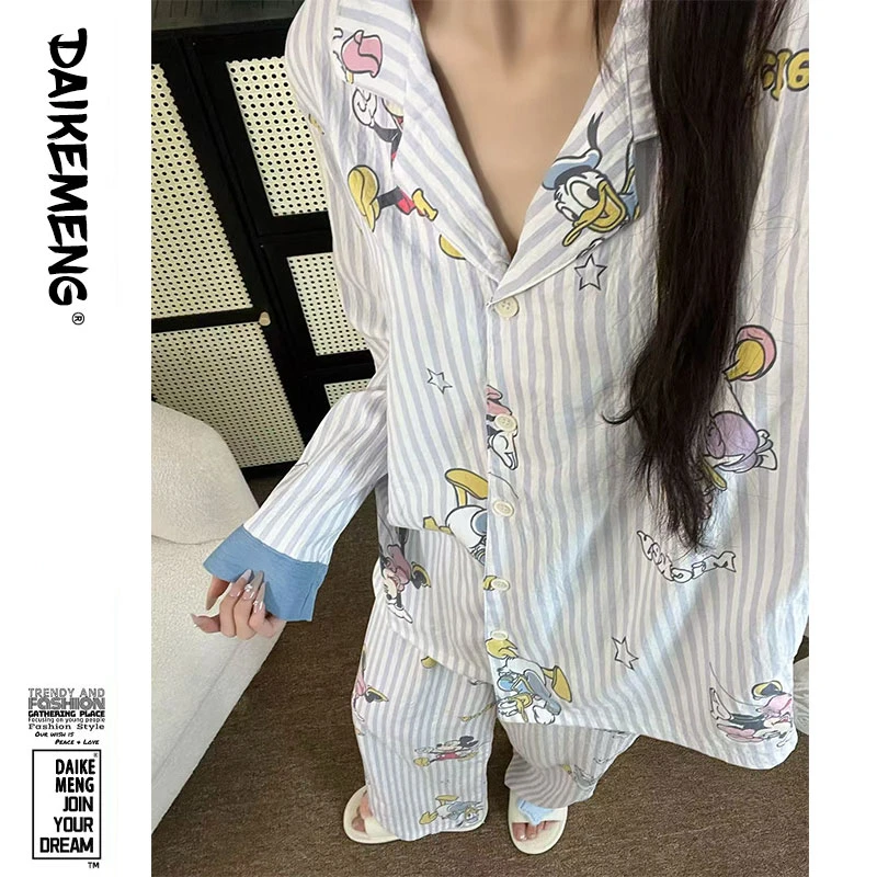 甜美卡通米奇条纹睡衣女2025春秋新款长袖长裤可外穿云朵棉家居服