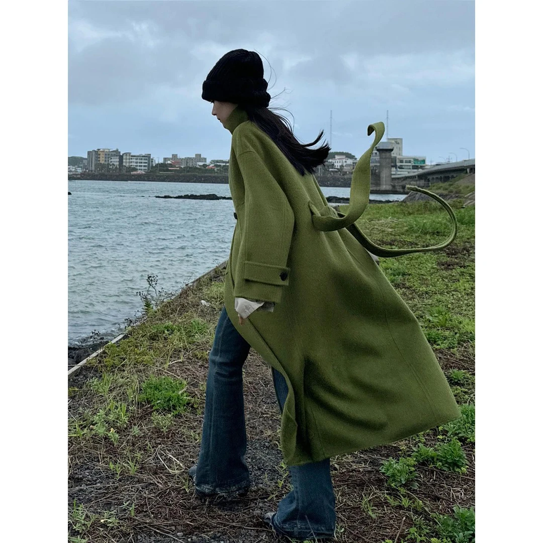 YOUZIDIE绿色立领双面羊毛呢子大衣女2025秋季新款韩系高级感长款