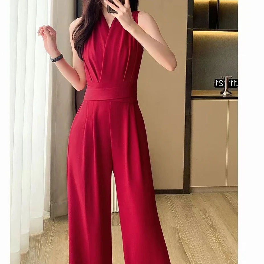 气质女人感无袖连体裤垂感收腰V领高腰修身显瘦阔腿